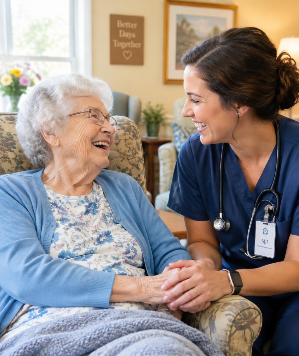 Elderly woman laughing with a nurse practitioner