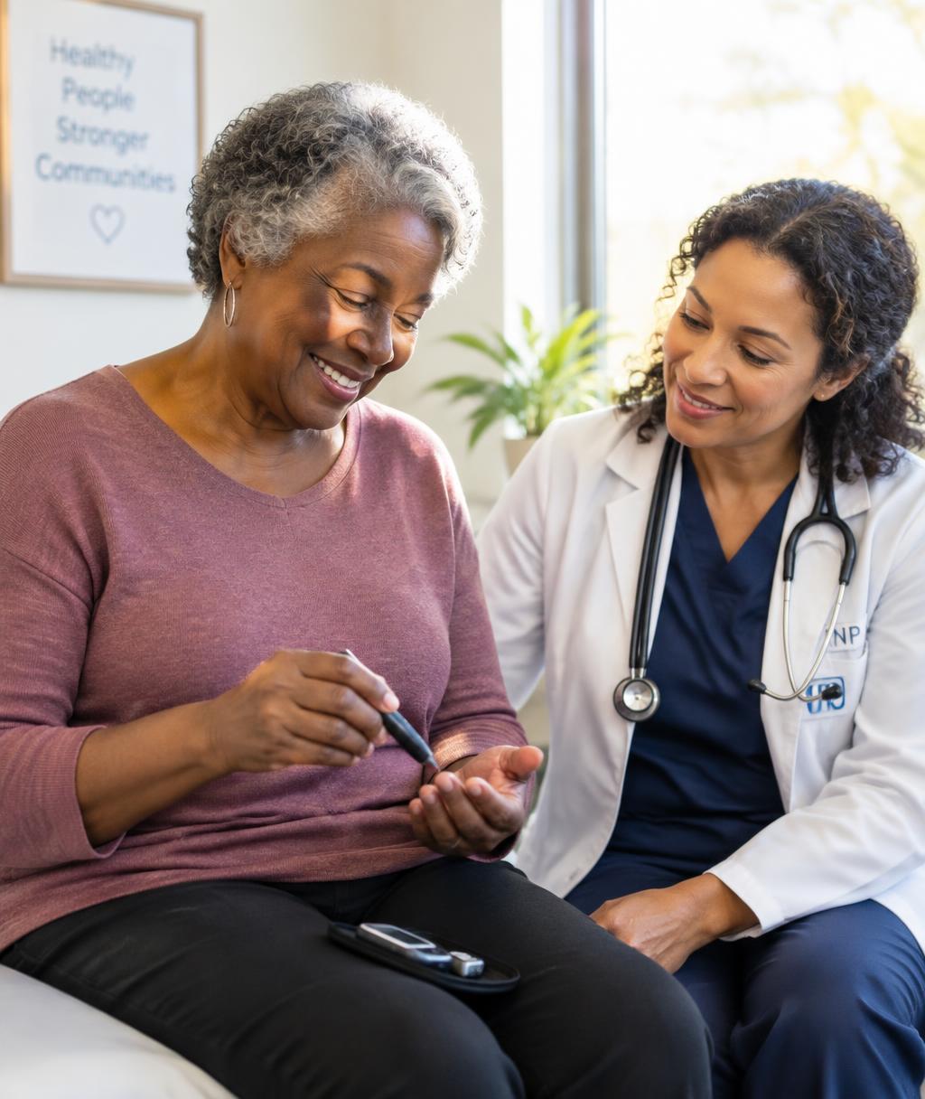 Older woman checking her blood sugar with a provider