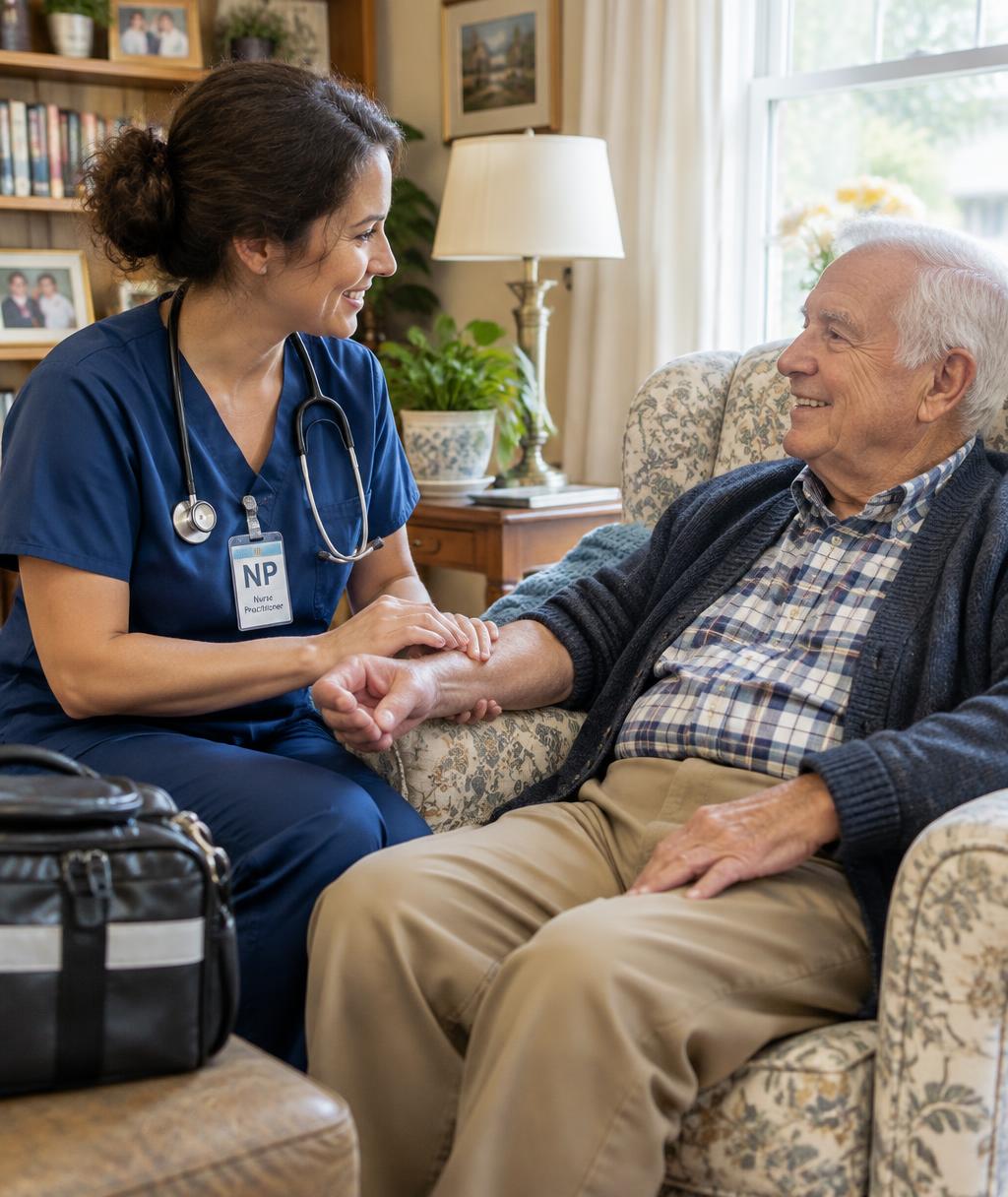 Nurse practitioner visiting a smiling older man at home