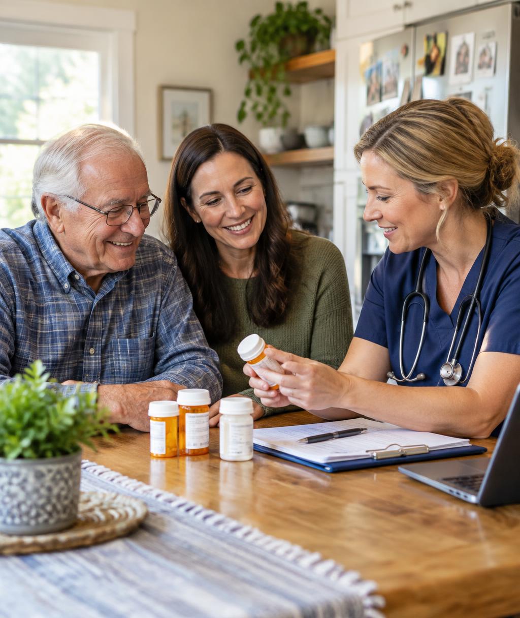 Provider reviewing medications with an older man and his daughter