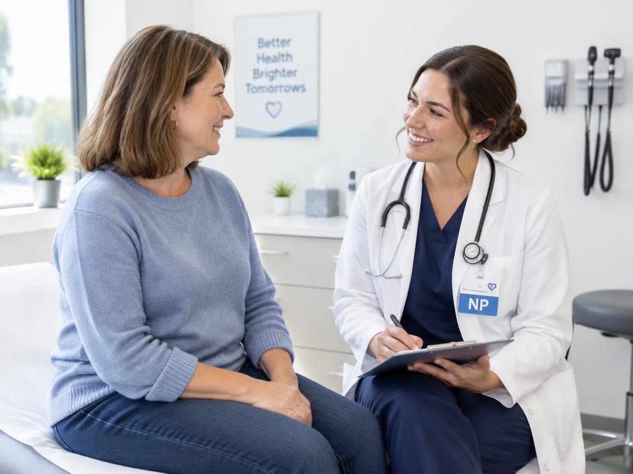 Provider talking with a smiling patient in an exam room
