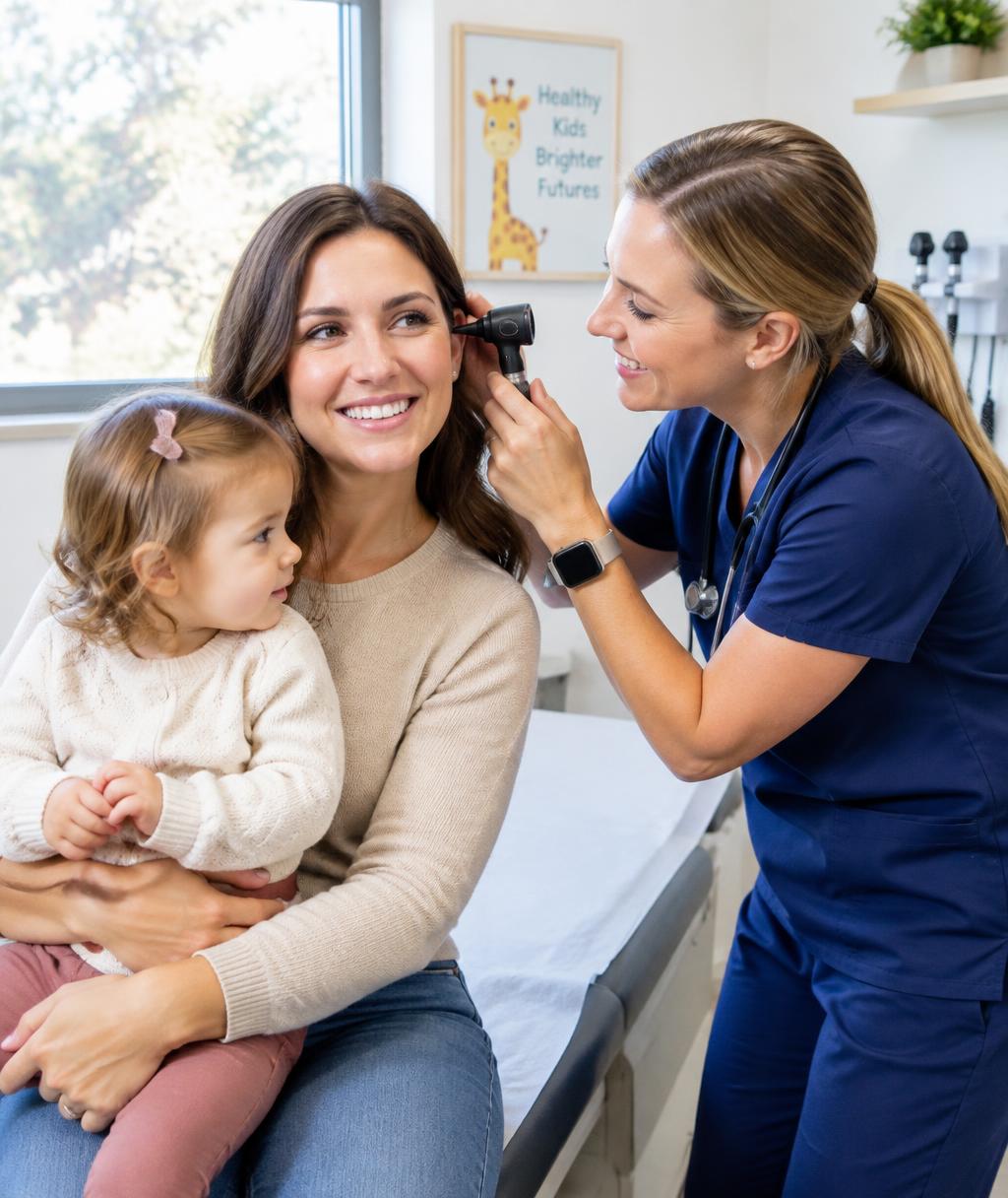 Provider checking a smiling mother's ear while she holds her child