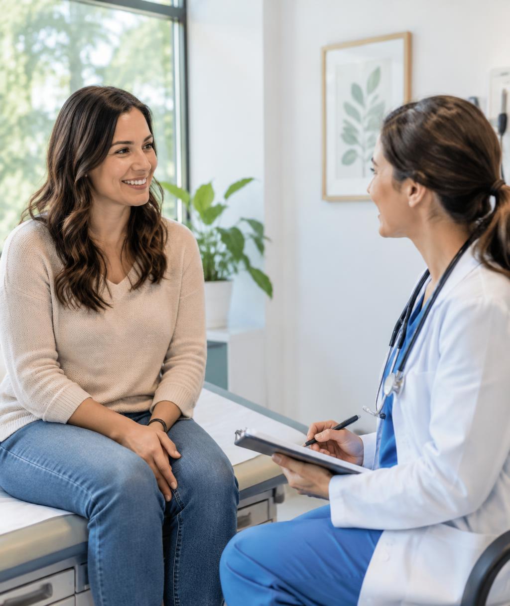 Smiling woman talking with a female nurse practitioner